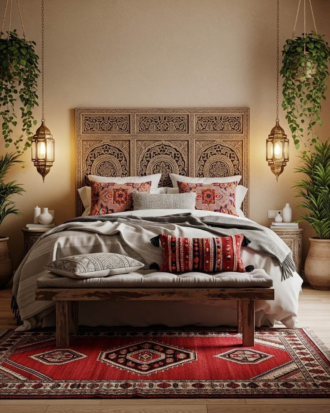 Moroccan boho bedroom with carved wooden headboard, hanging lanterns, and red rug