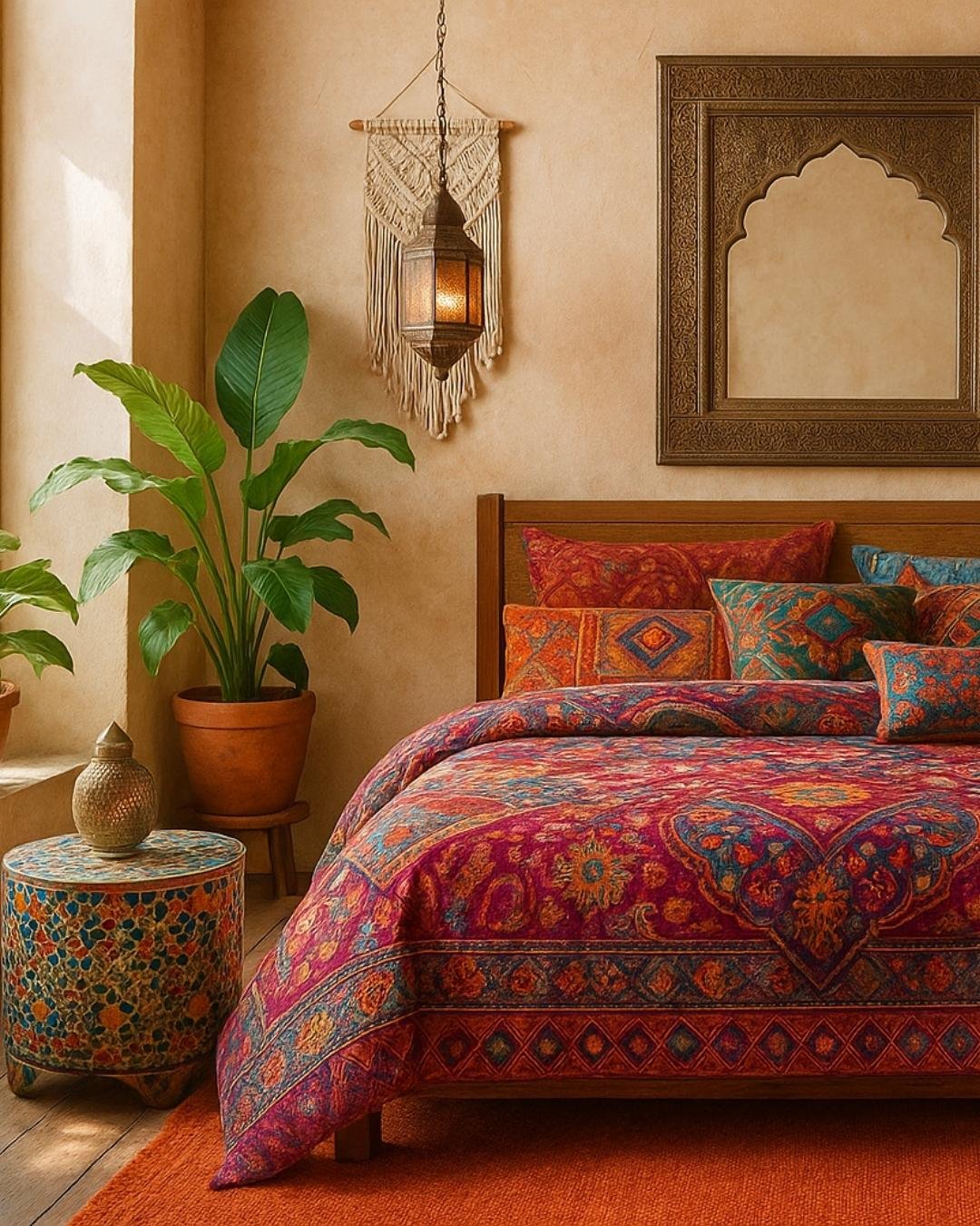 Colorful bedroom with magenta and teal bedding, orange rug, and ethnic prints