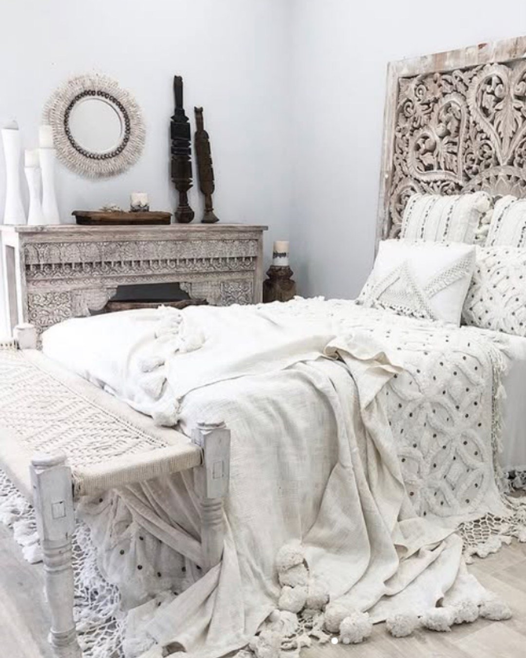 All-White Moroccan Boho Bedroom with Textural Layers