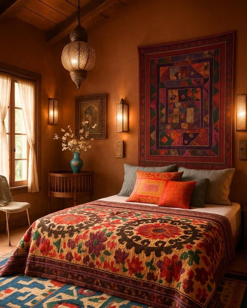 Warm Moroccan boho bedroom with layered textiles, colorful quilt, carved lantern, and tapestry on the wall