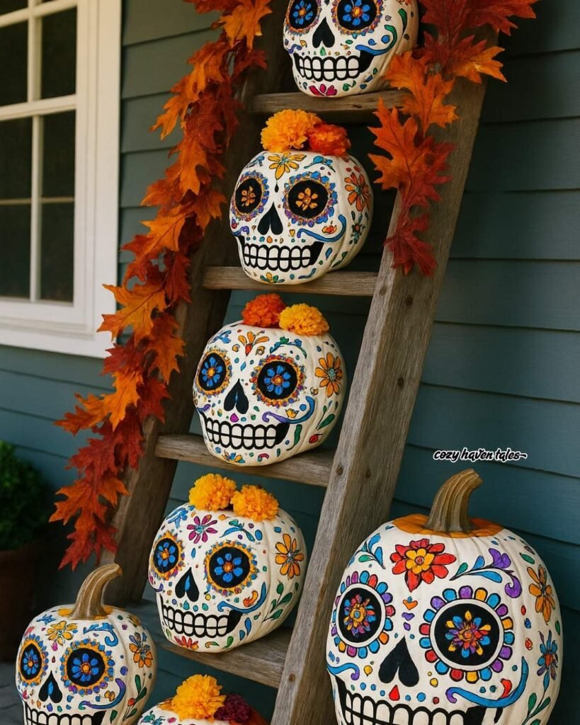 White pumpkins painted with colorful sugar skull designs stacked on a wooden ladder.