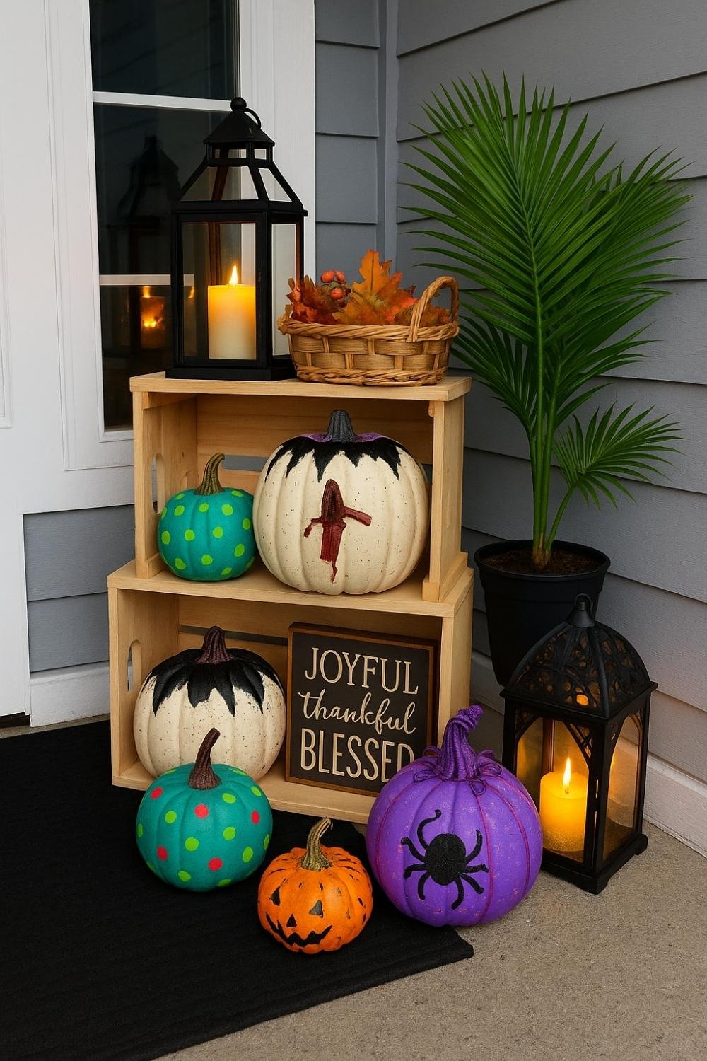 Colorful no-carve Pumpkin Decorating Ideas and display arrangement on a porch with lanterns and fall foliage.