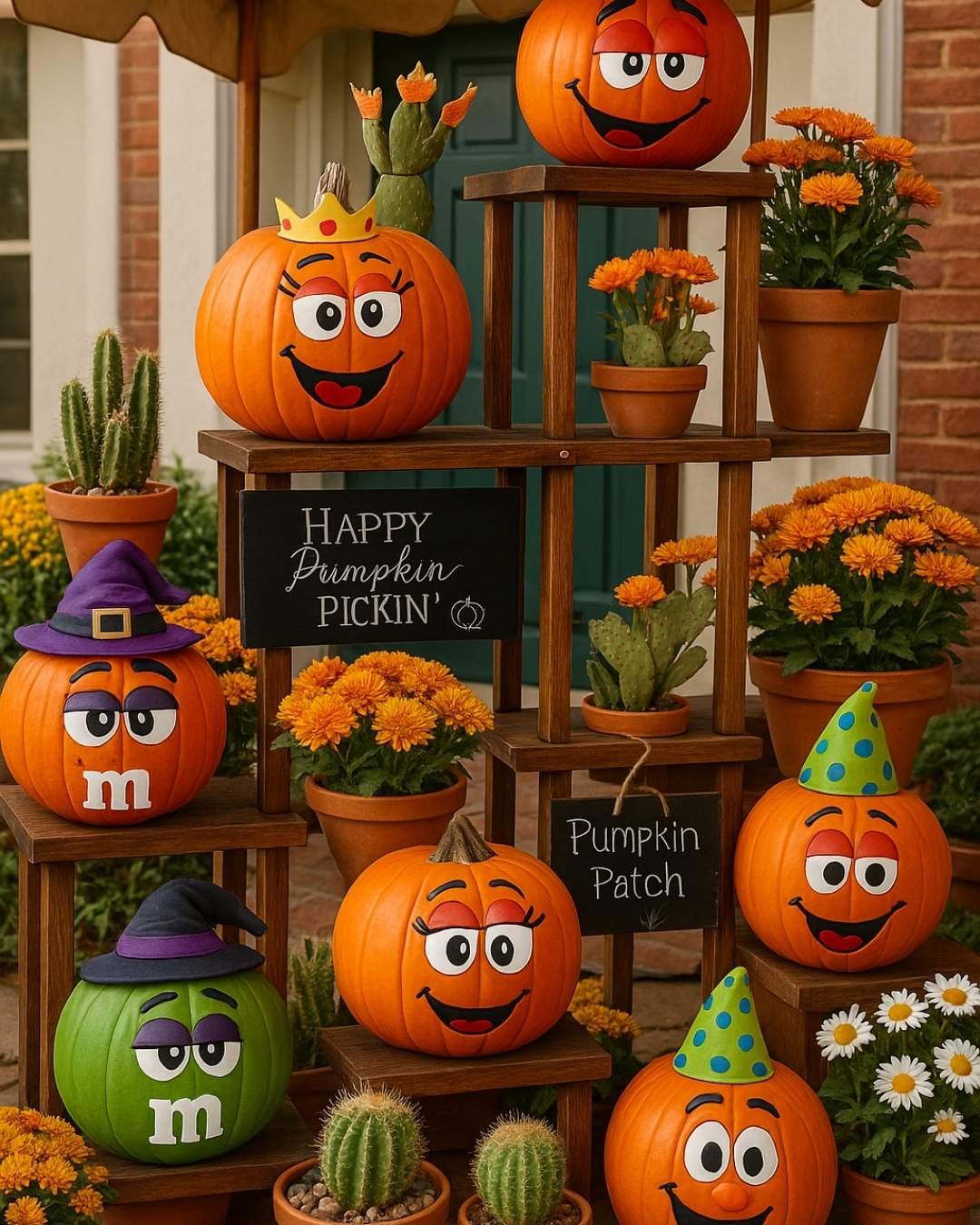 Colorful pumpkin patch setup with cartoon-painted pumpkins, orange flowers, and playful chalkboard signs.