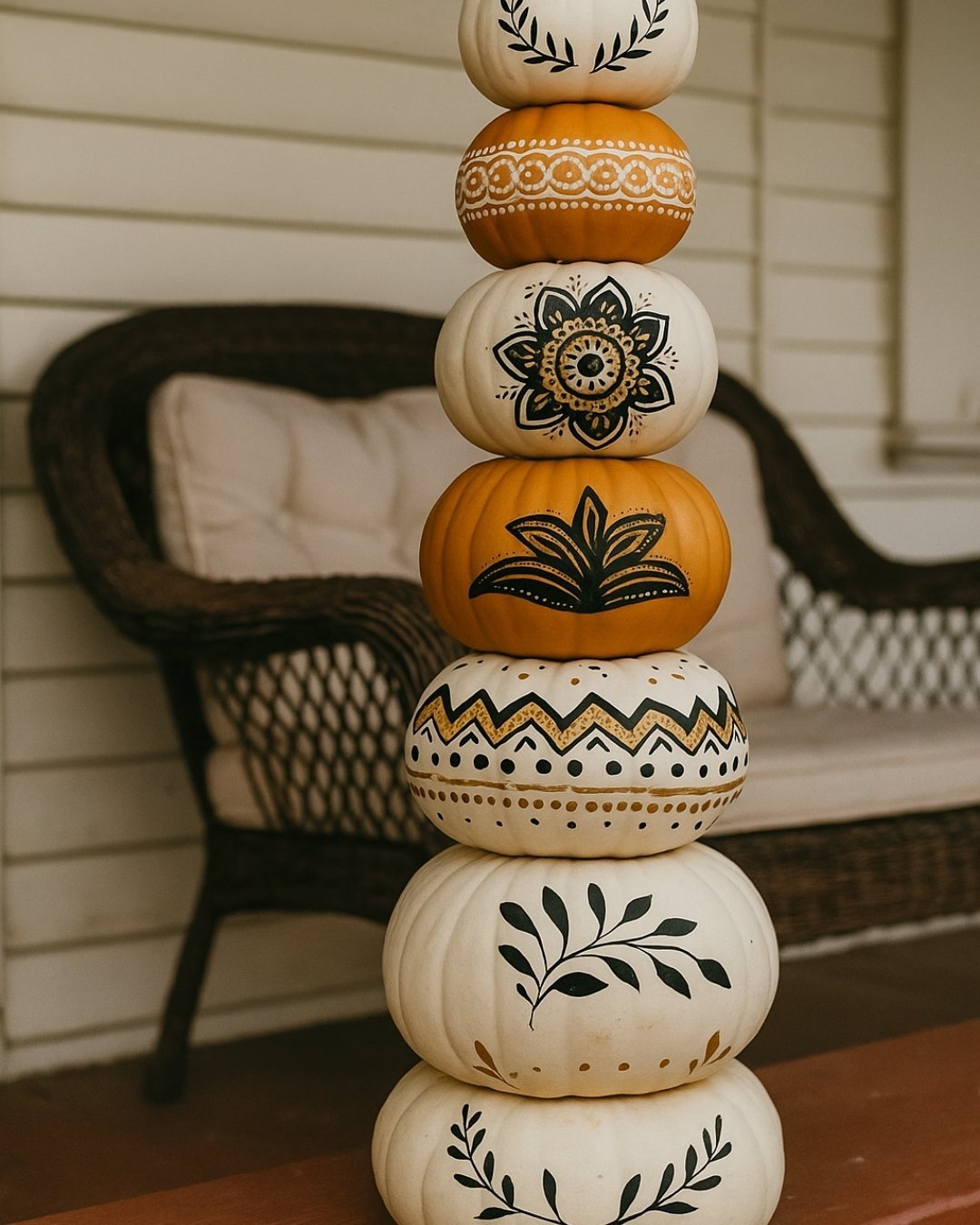 Tall stack of hand-painted pumpkins with boho tribal designs in black and gold, styled next to a cozy chair.