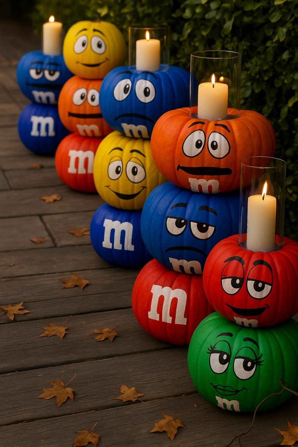 Outdoor Pumpkin Decorating Ideas with M&M character faces stacked in bright colors, decorated with candles on top.