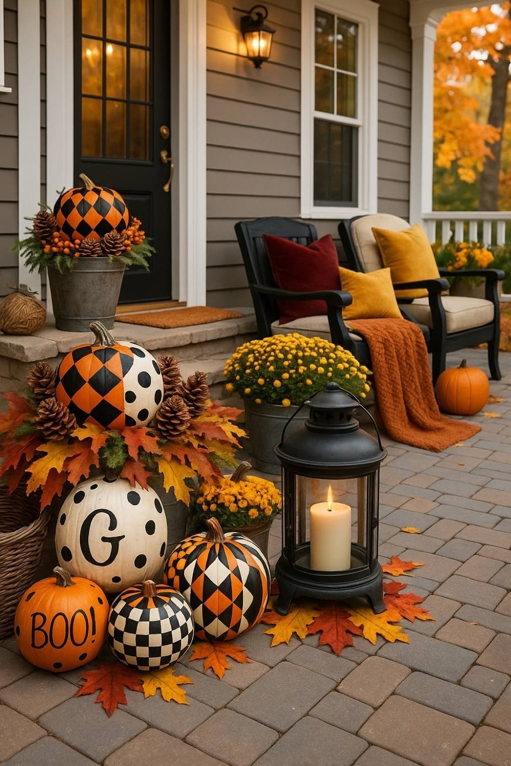 Front porch decorated with harlequin-patterned pumpkins, orange flowers, fall leaves, and cozy cushions for autumn.