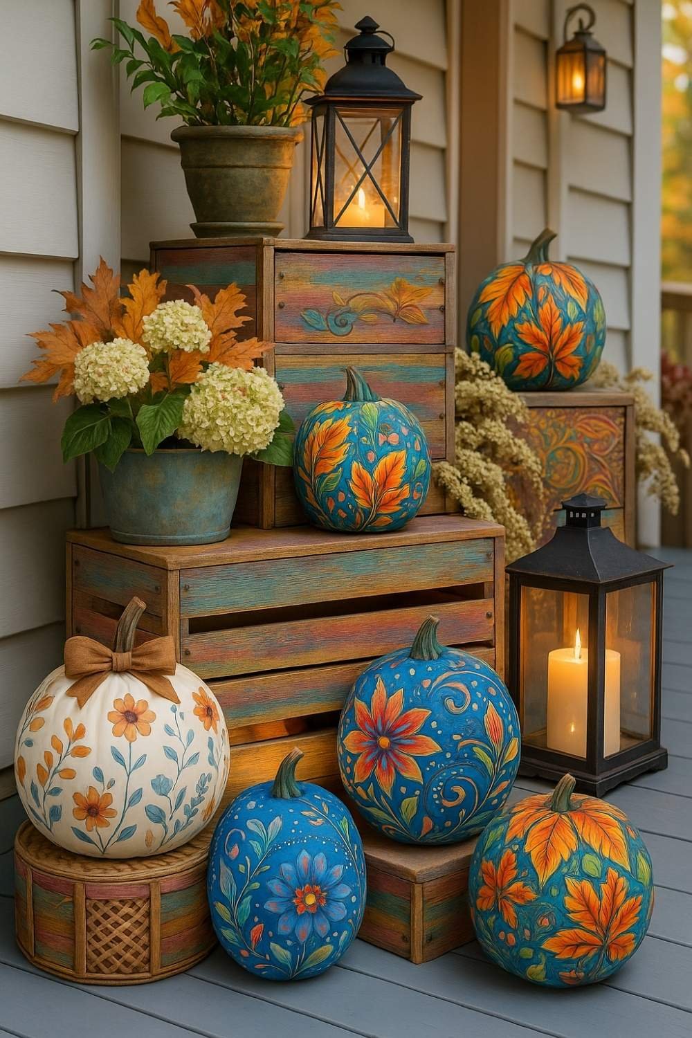 Beautiful collection of painted pumpkins with bright blue and orange floral patterns arranged on a rustic porch with lanterns and fall foliage.