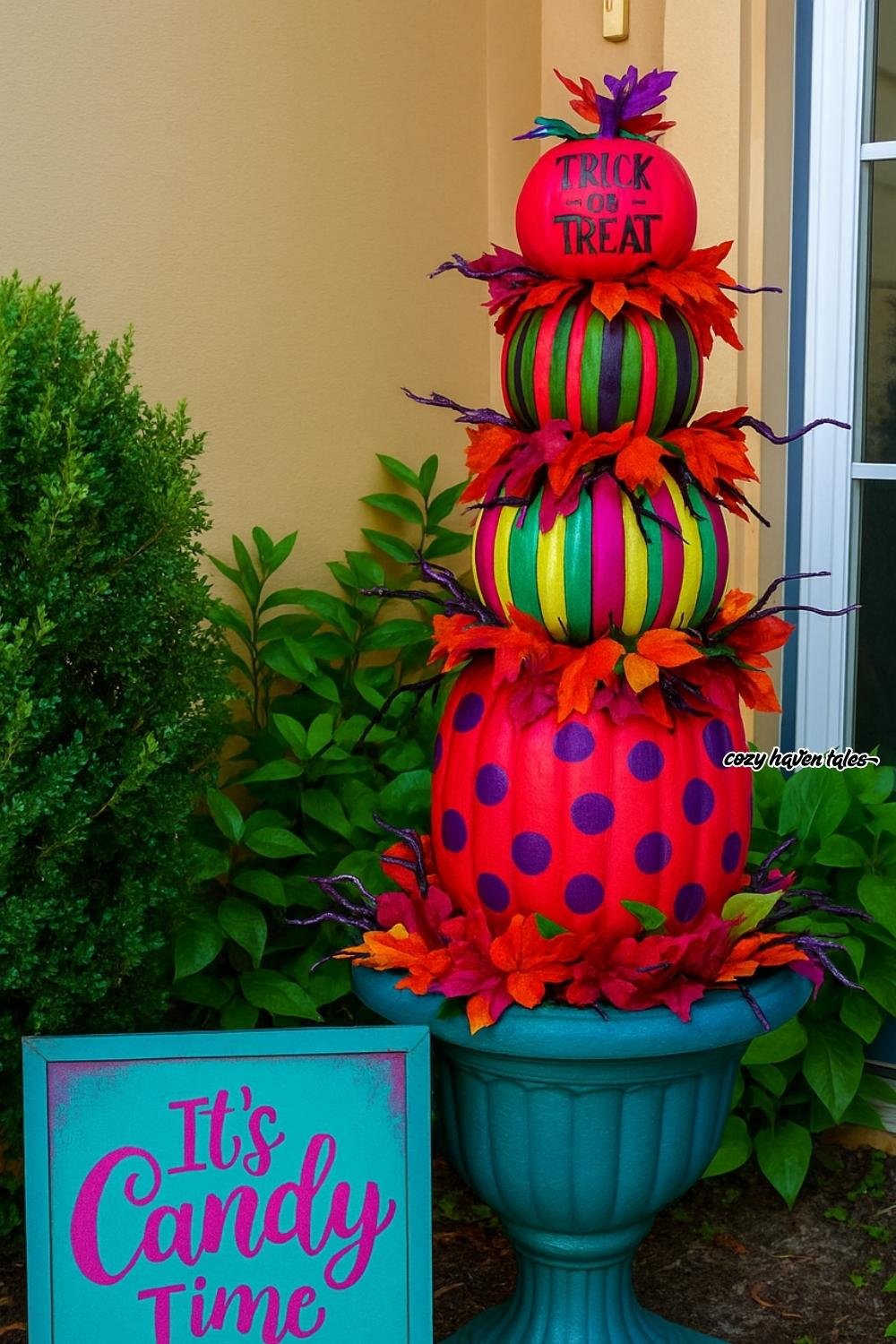 Brightly colored stacked pumpkins with polka dots and a candy time sign.