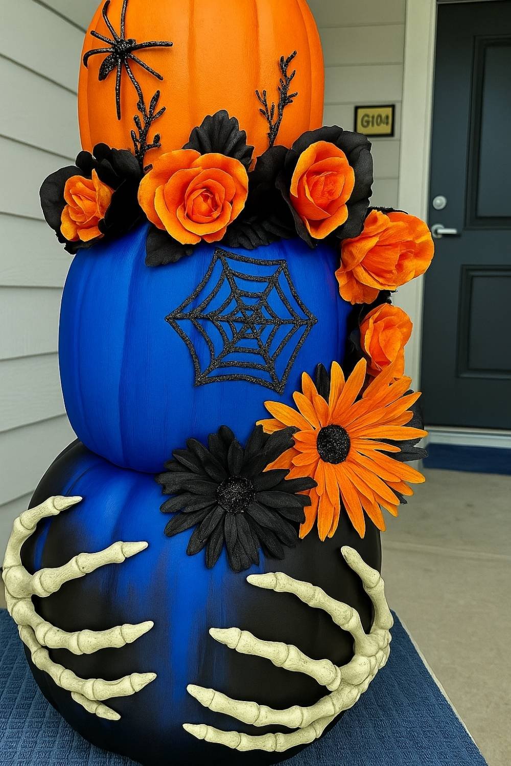 Halloween pumpkin stack in blue and orange with spider webs, faux flowers, and skeleton hands.