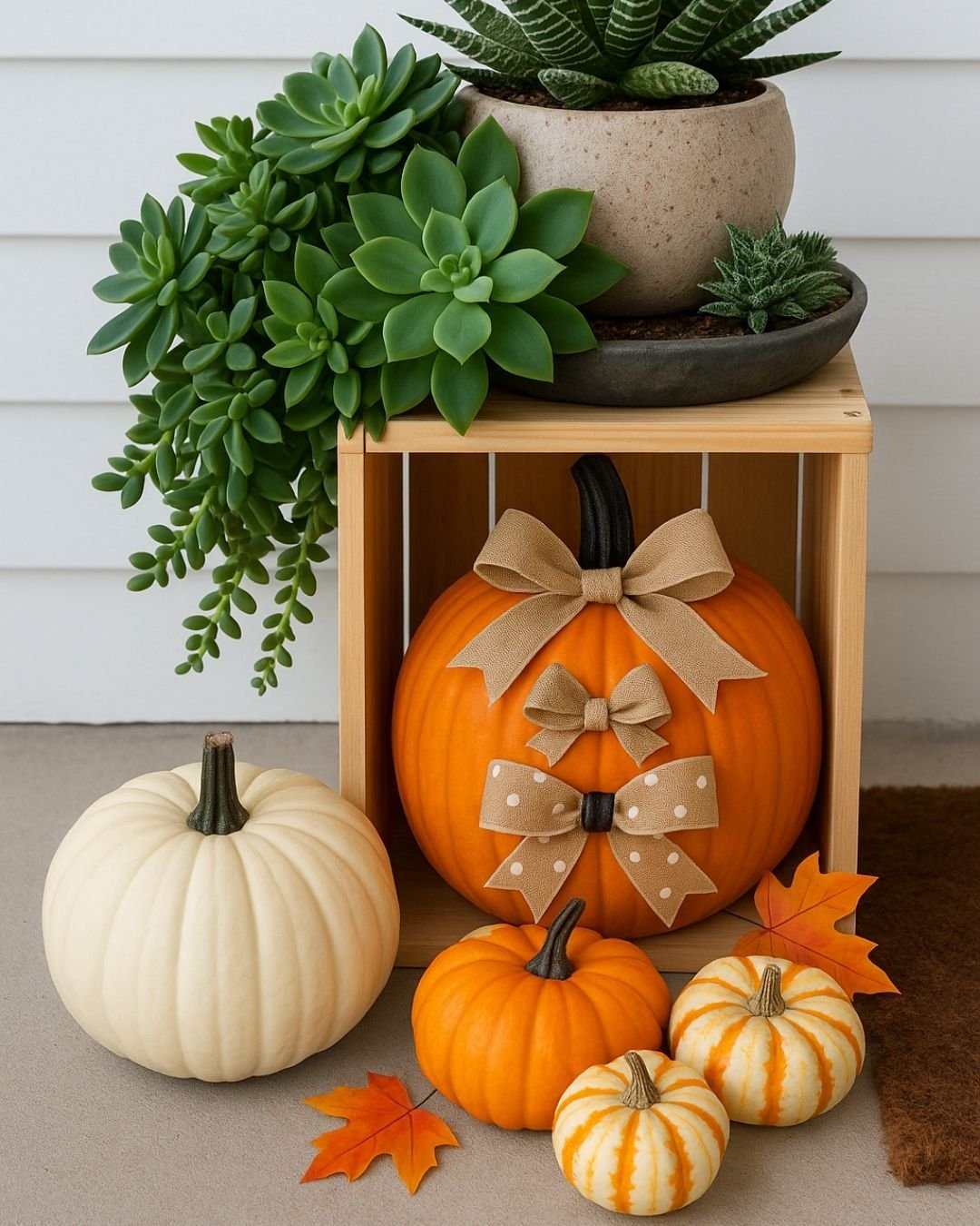 Orange pumpkin decorated with burlap bows, surrounded by mini pumpkins and faux greenery.