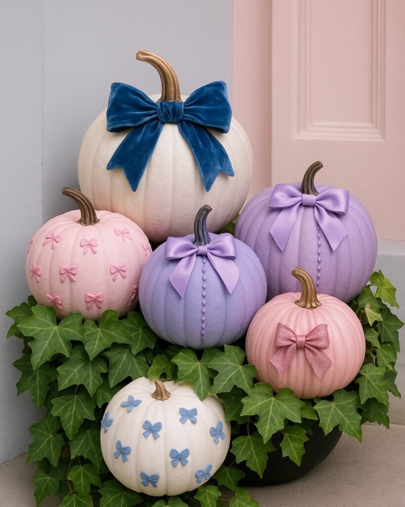 Pumpkin Decorating Ideas in Pastel pink, lavender, and white with velvet bows arranged on greenery.