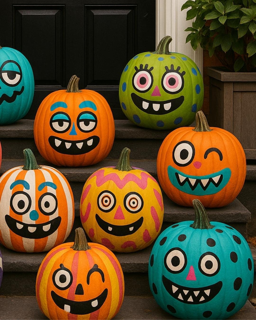 Pumpkins with colorful painted cartoon faces lined up on porch stairs.