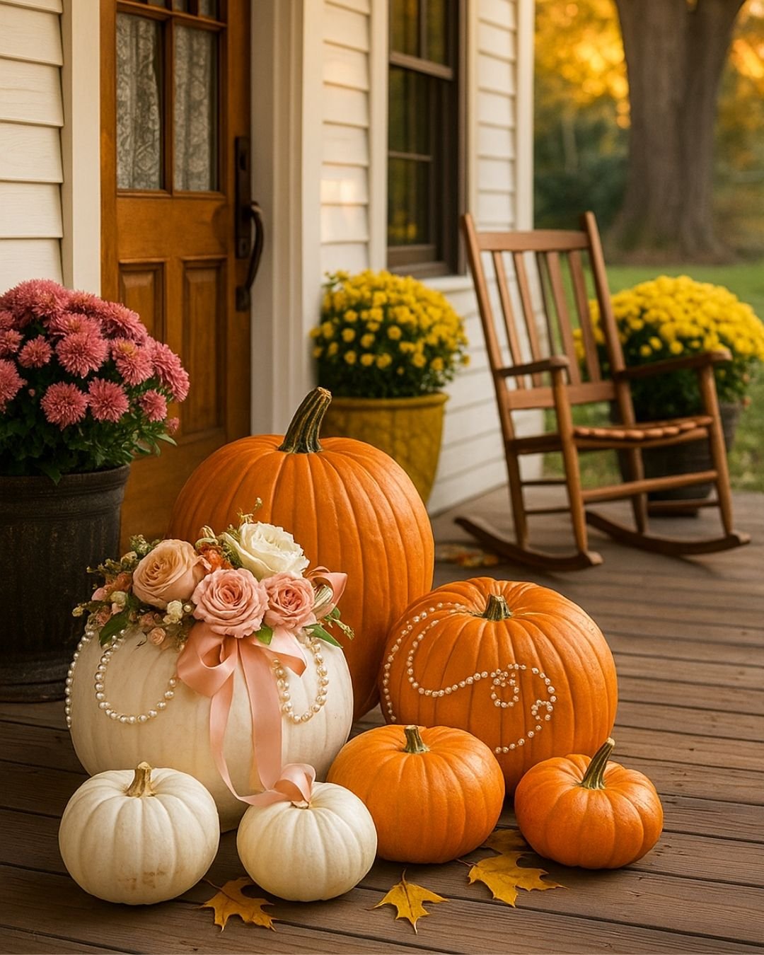 Elegant white pumpkin decorated with roses, pearls, and ribbon on a porch.