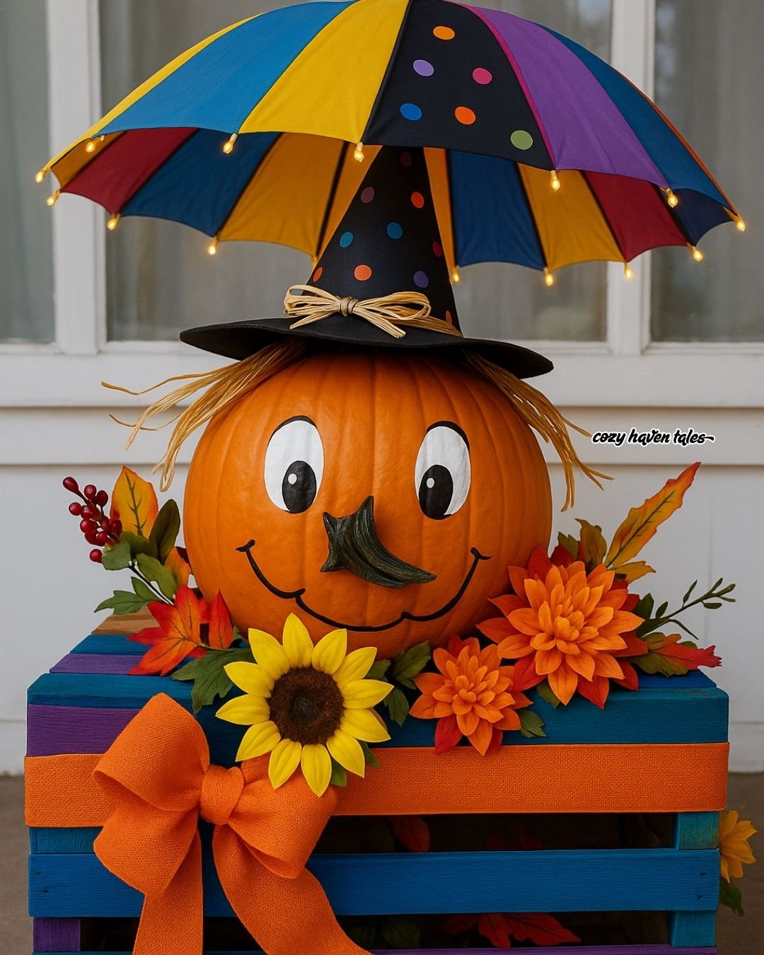 Pumpkin Decorating Ideas with colorful umbrella, painted face, and bright faux flowers in a wooden crate.