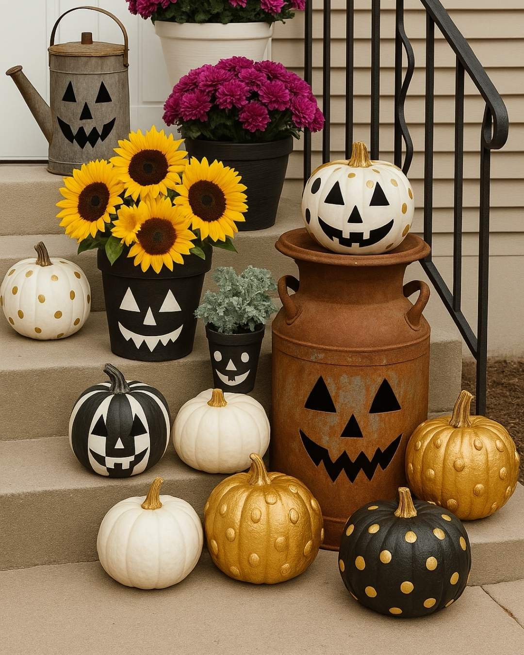 Black, white, and gold Pumpkin Decorating Ideas with polka dots and stripes arranged with sunflowers and rustic containers on porch steps.