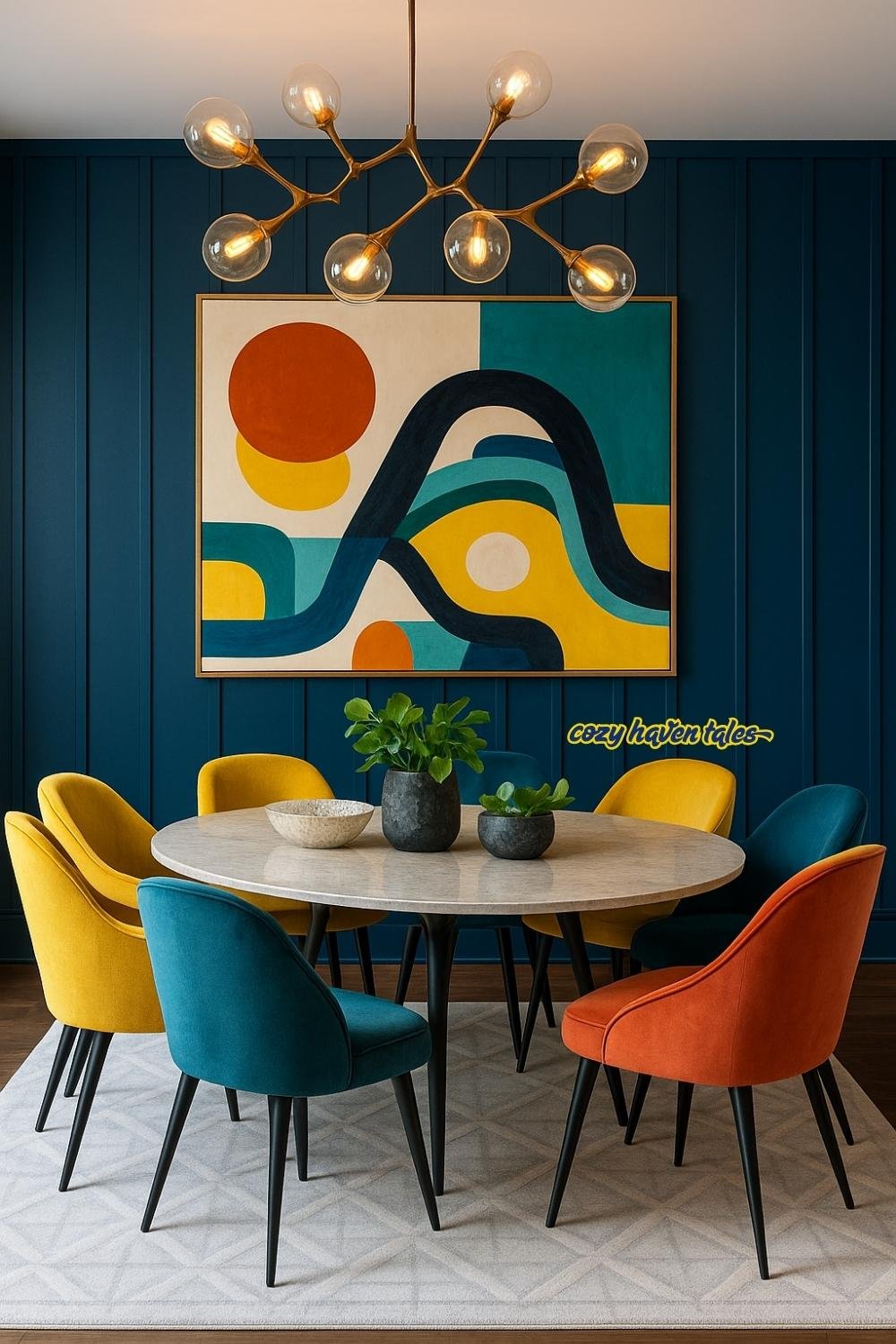 Modern dining space with a deep blue accent wall, colorful abstract artwork, and vibrant upholstered chairs for a bold, contemporary design statement.