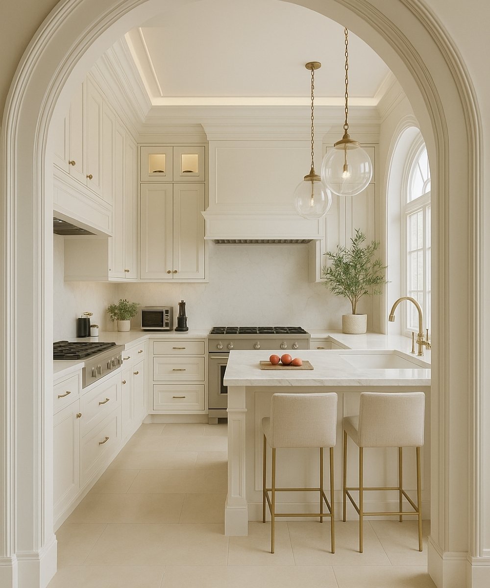 Arched entry kitchen with white cabinetry and brass pendant lighting