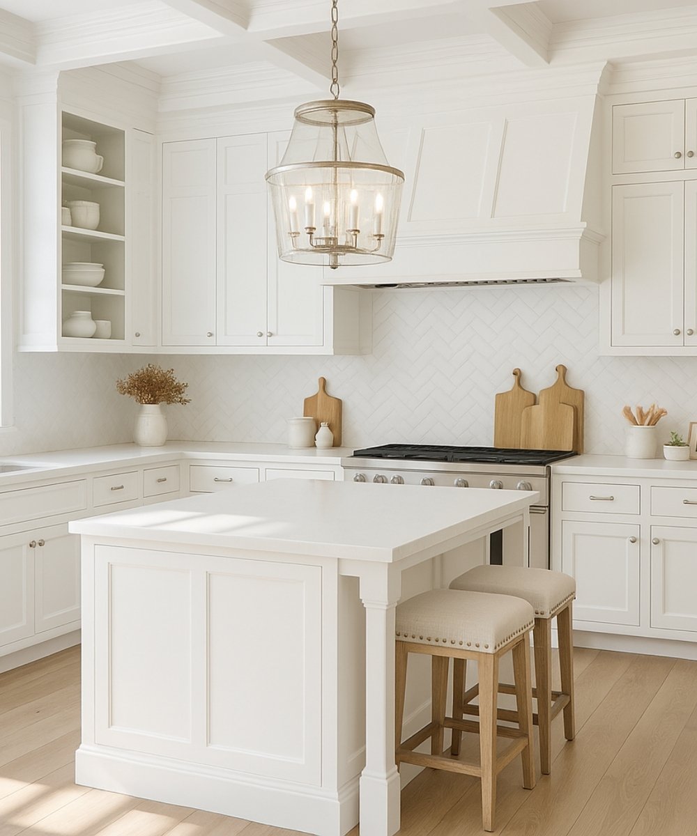 Classic white kitchen with wood accents and a center island with stools