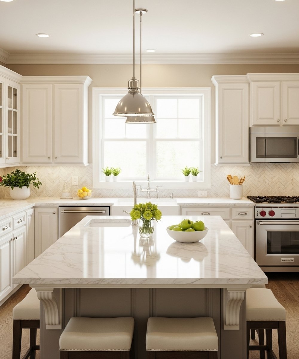 Bright white kitchen with pendant lights, marble island, and warm lighting accents