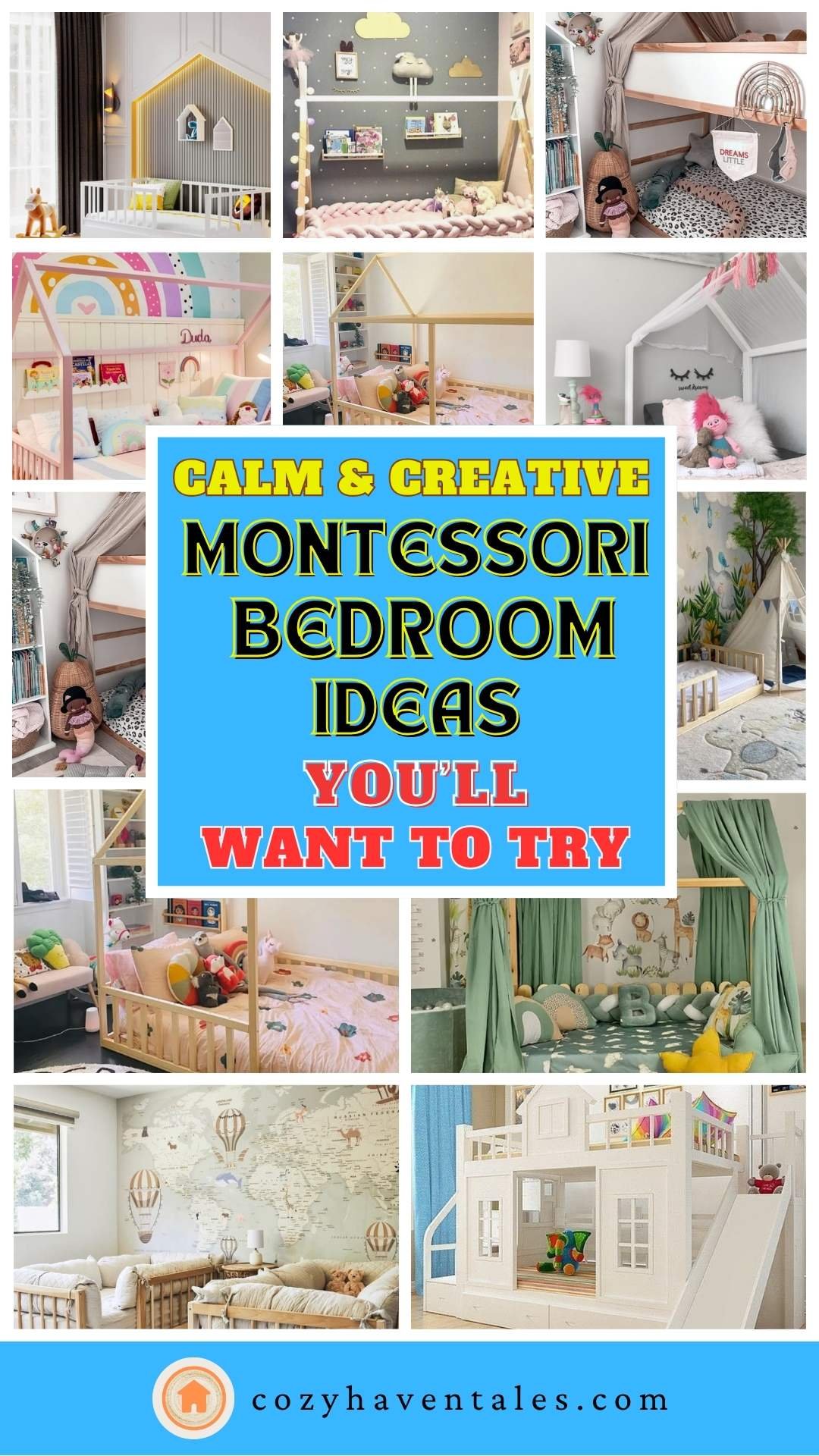 Pinterest collage pin showing Montessori bedroom designs with overlay text “Calm & Creative Montessori Bedroom Ideas You’ll Want to Try”