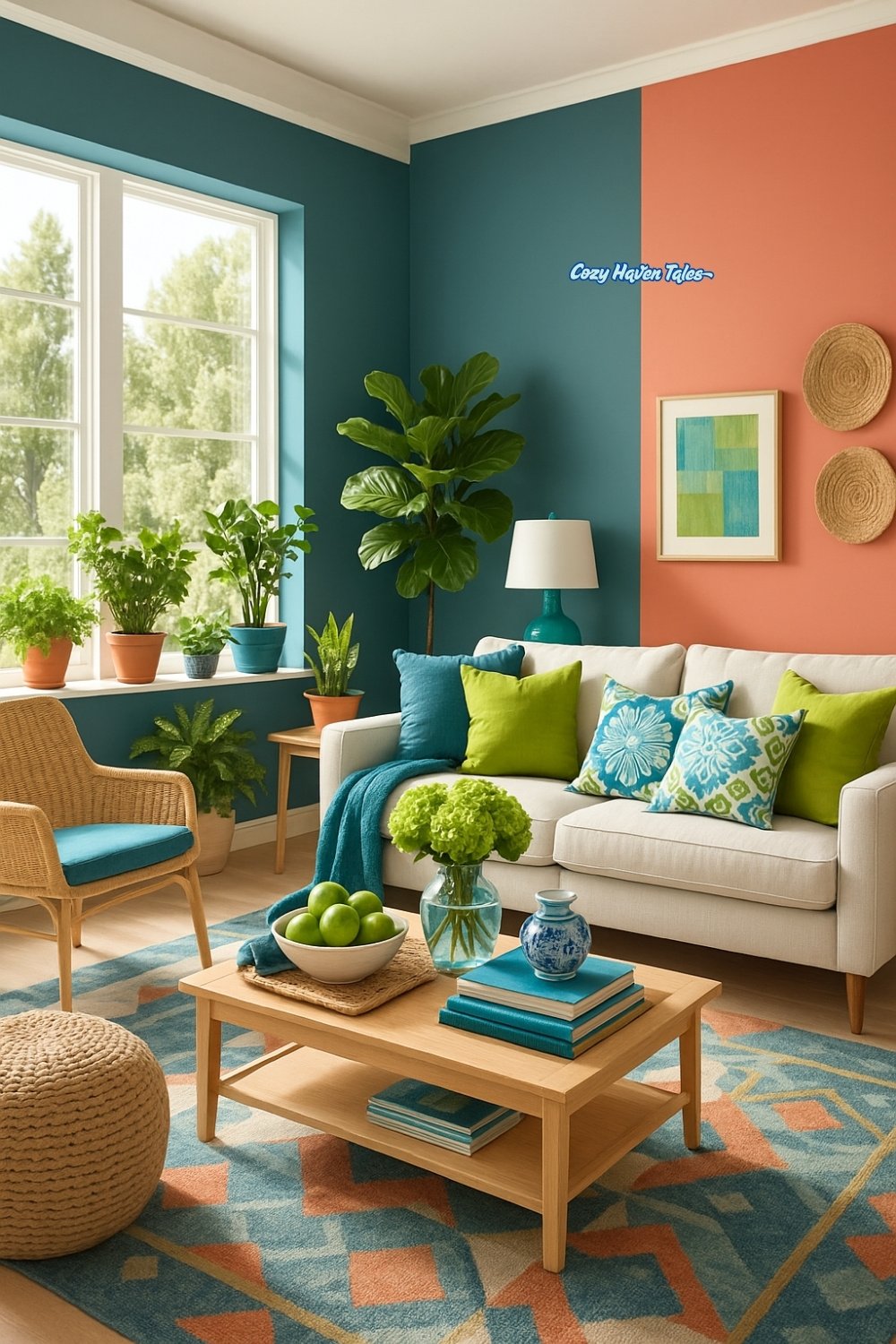Vibrant living room with teal and coral color-block walls, green plants, colorful cushions, and natural wood furniture.