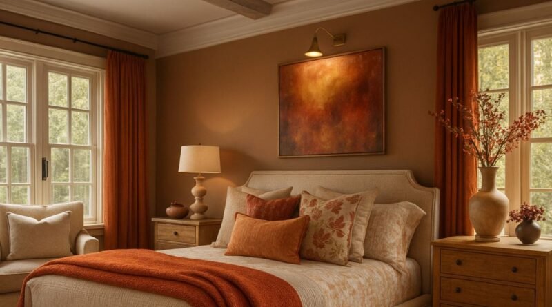 A cozy bedroom styled with fall home decor, featuring burnt orange throws, warm-toned cushions, autumn-inspired artwork, and natural wooden furniture.