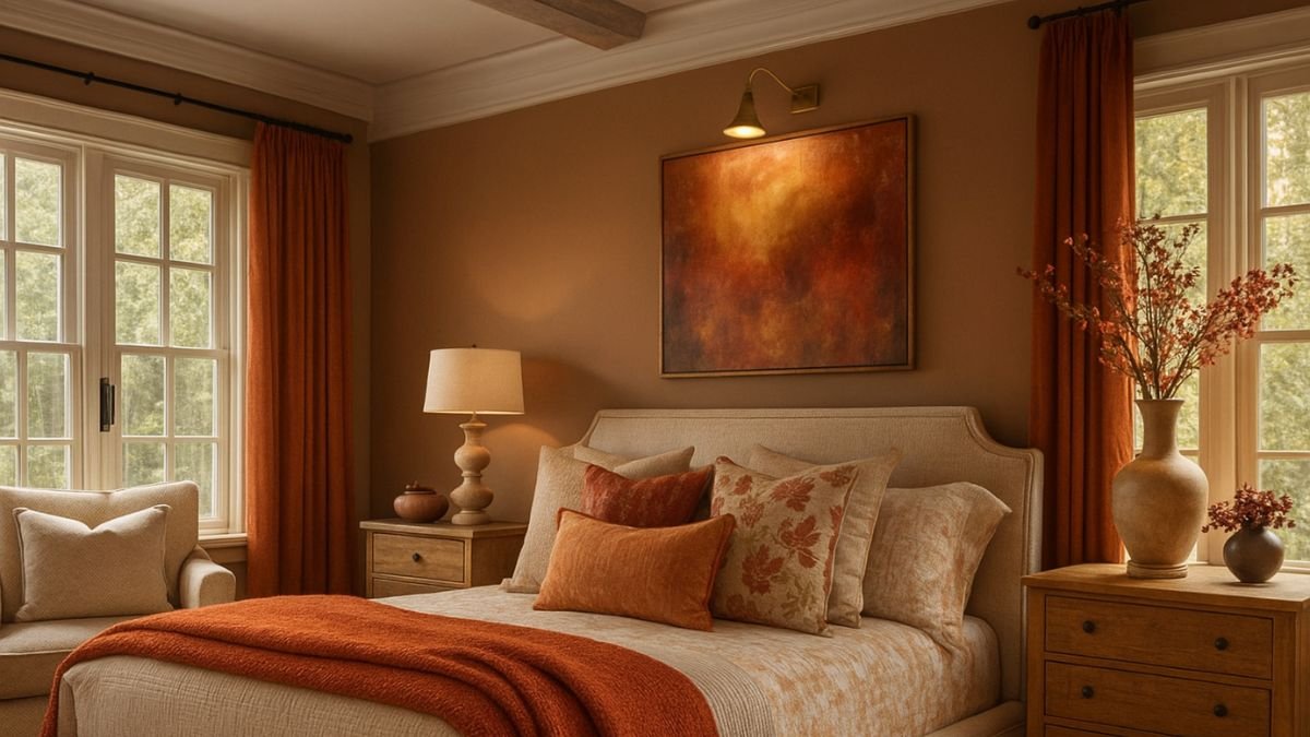 A cozy bedroom styled with fall home decor, featuring burnt orange throws, warm-toned cushions, autumn-inspired artwork, and natural wooden furniture.