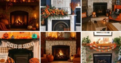 Collage of cozy fall mantel decorating ideas featuring warm pumpkins, candles, vibrant floral arrangements, and playful Halloween touches.