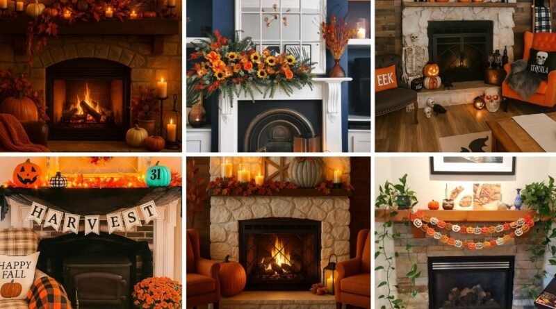 Collage of cozy fall mantel decorating ideas featuring warm pumpkins, candles, vibrant floral arrangements, and playful Halloween touches.