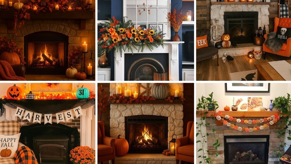 Collage of cozy fall mantel decorating ideas featuring warm pumpkins, candles, vibrant floral arrangements, and playful Halloween touches.
