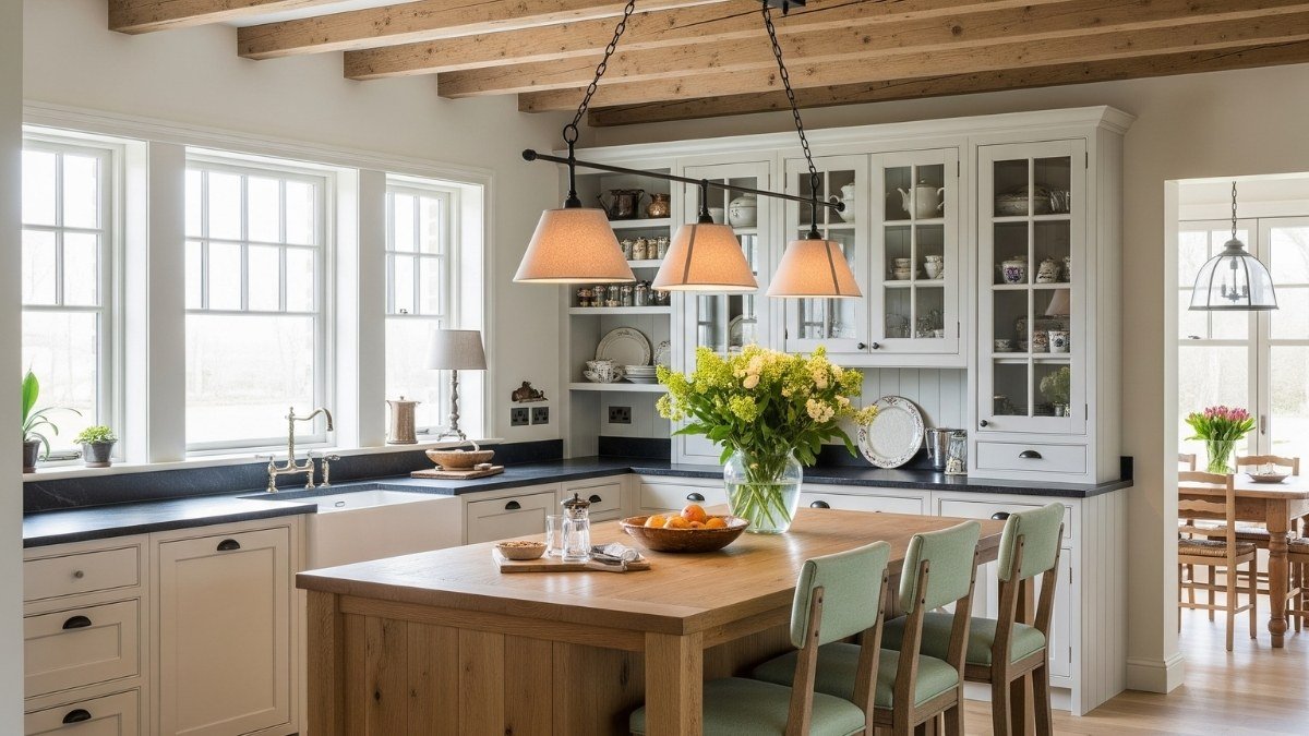 Bright farmhouse-style kitchen with exposed wooden ceiling beams, pendant lighting, a wood island with green barstools, and glass-front cabinetry.