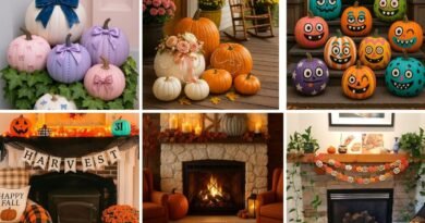 Colorful collage of pumpkin decorating ideas, featuring no-carve painted pumpkins with bows, floral arrangements, spooky faces, and porch displays.