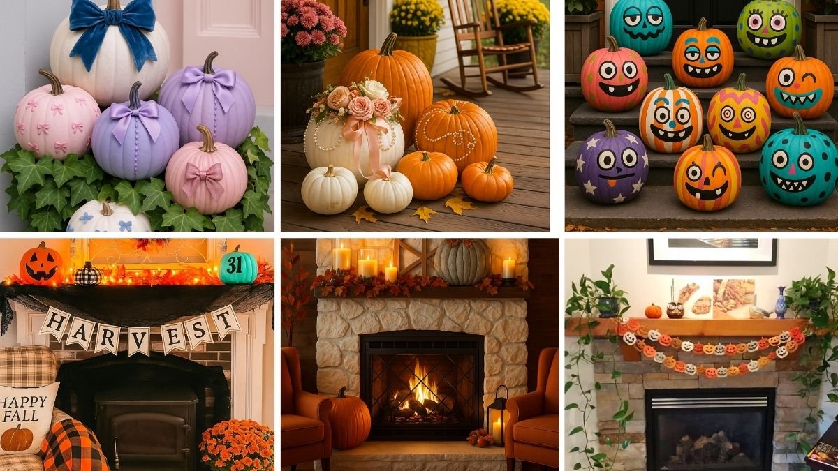 Colorful collage of pumpkin decorating ideas, featuring no-carve painted pumpkins with bows, floral arrangements, spooky faces, and porch displays.