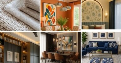 Collage showcasing the 7 core elements of interior design—texture, color, form, space, light, line, and pattern—through curated room setups and close-up decor shots.