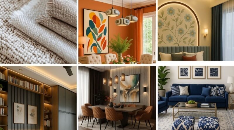 Collage showcasing the 7 core elements of interior design—texture, color, form, space, light, line, and pattern—through curated room setups and close-up decor shots.