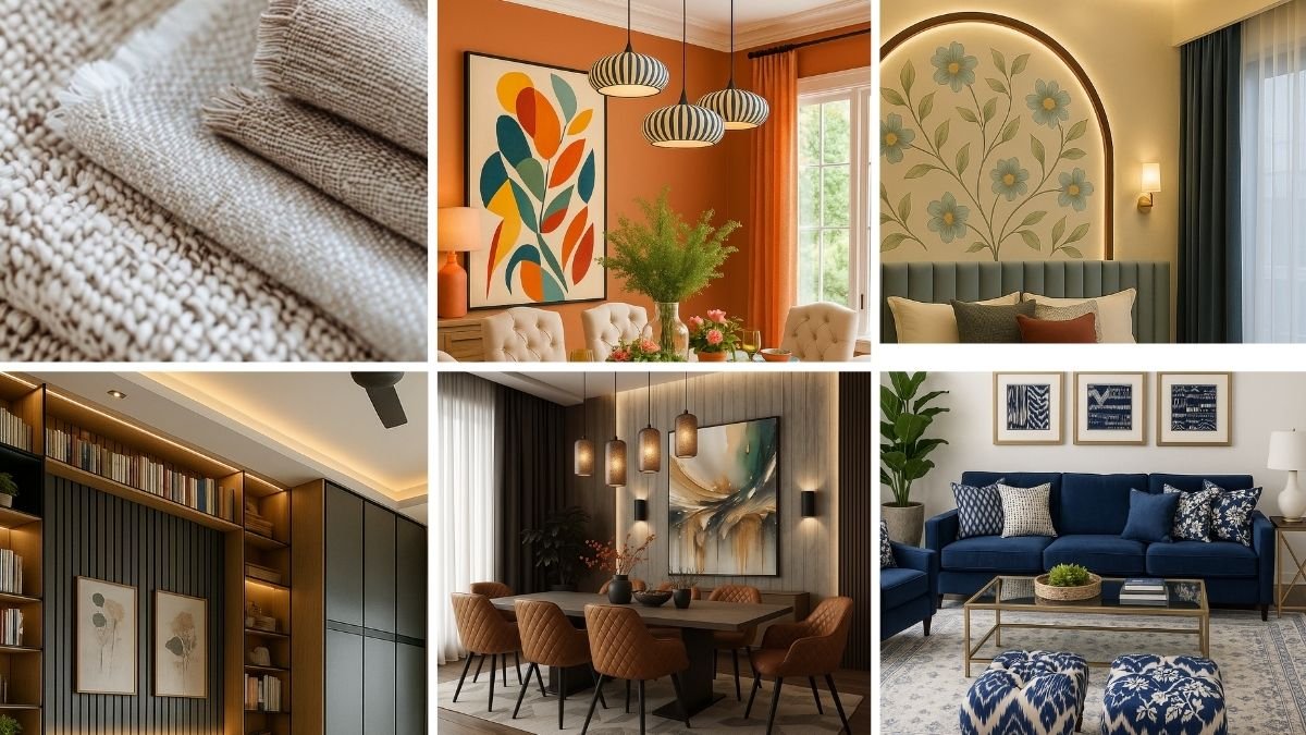 Collage showcasing the 7 core elements of interior design—texture, color, form, space, light, line, and pattern—through curated room setups and close-up decor shots.