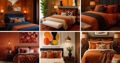 Collage of warm and stylish orange color bedroom ideas featuring modern bedding, accent walls, artwork, and cozy lighting in various styles and tones.