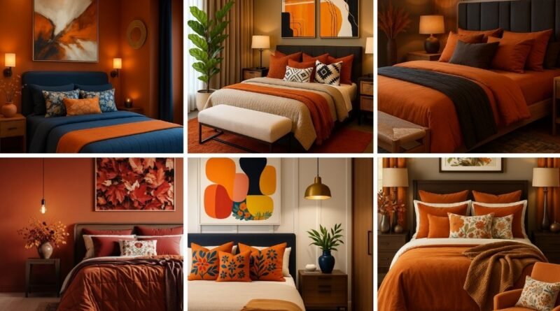 Collage of warm and stylish orange color bedroom ideas featuring modern bedding, accent walls, artwork, and cozy lighting in various styles and tones.