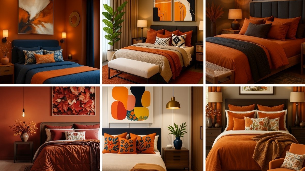 Collage of warm and stylish orange color bedroom ideas featuring modern bedding, accent walls, artwork, and cozy lighting in various styles and tones.