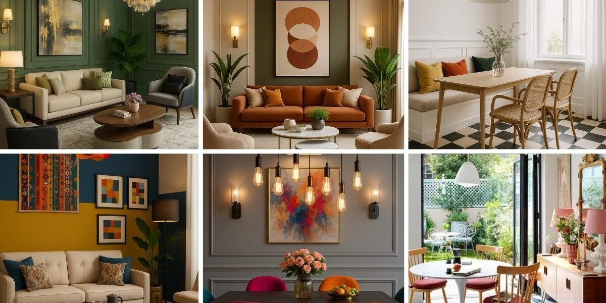 A collage of stylish yet budget-friendly home interiors featuring cozy living rooms, a minimal dining space, colorful accent walls, statement lighting, and a charming garden setup.