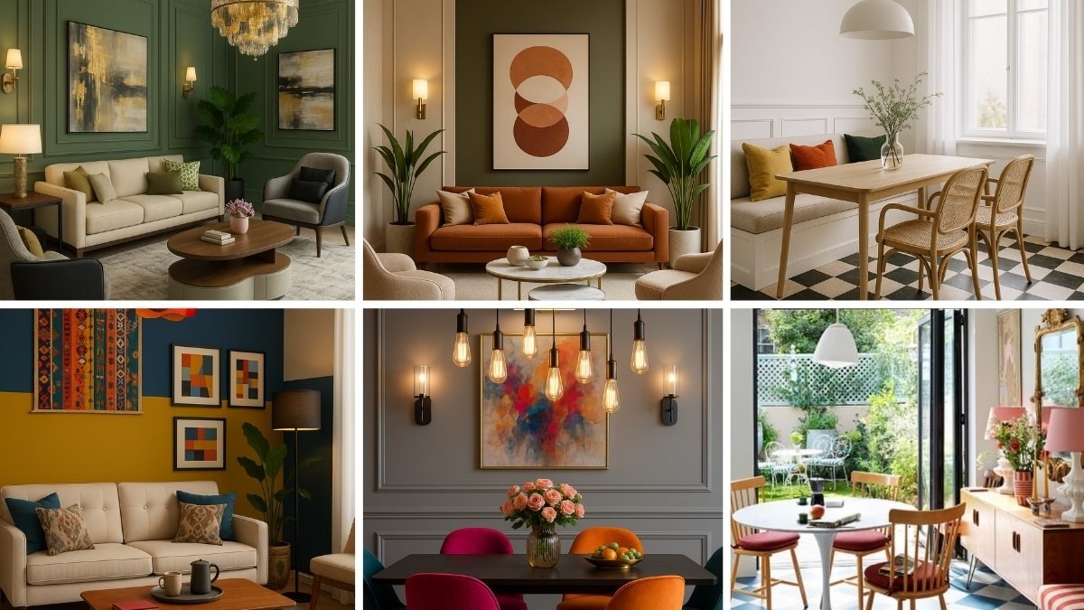 A collage of stylish yet budget-friendly home interiors featuring cozy living rooms, a minimal dining space, colorful accent walls, statement lighting, and a charming garden setup.