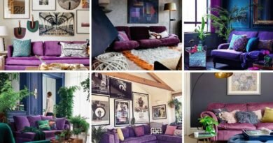 A collage of six stylish living rooms featuring various purple sofas in modern, eclectic, and cozy setups.