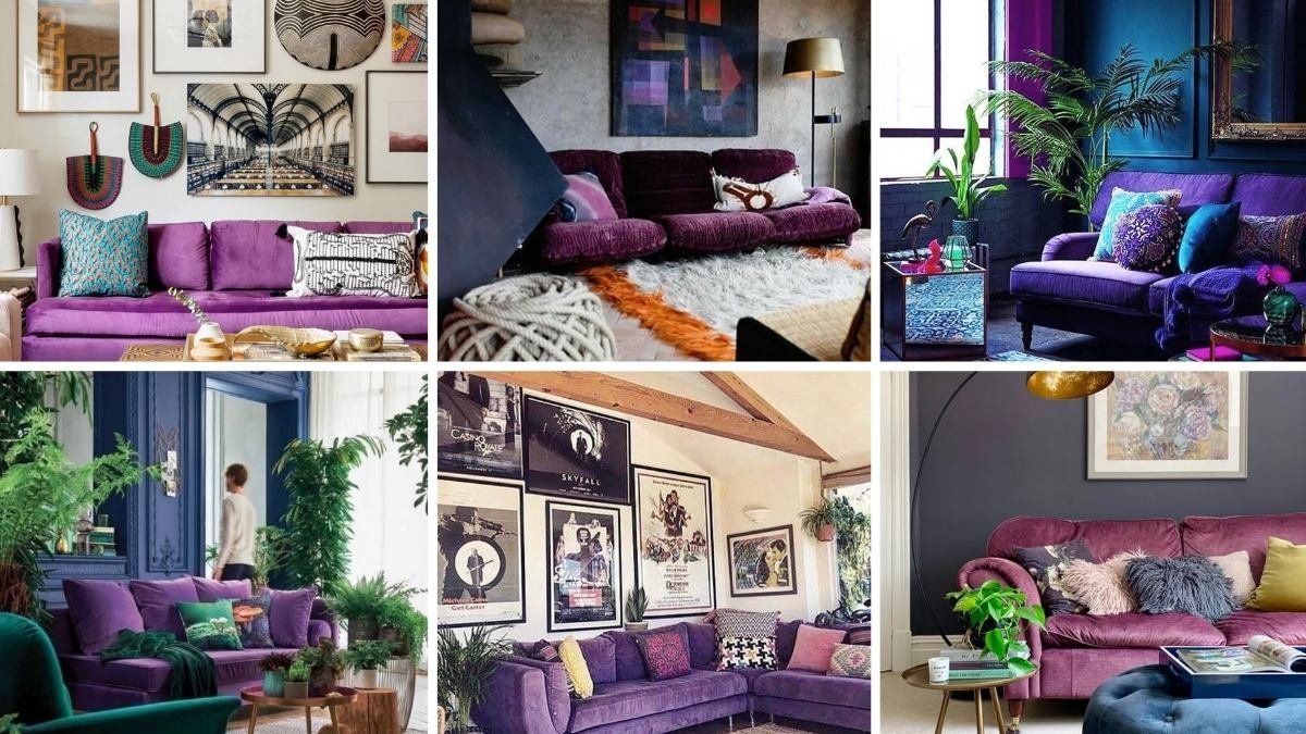 A collage of six stylish living rooms featuring various purple sofas in modern, eclectic, and cozy setups.