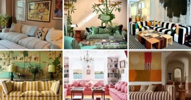 Collage of eclectic striped sofa designs in various living rooms showcasing styles from bold to neutral