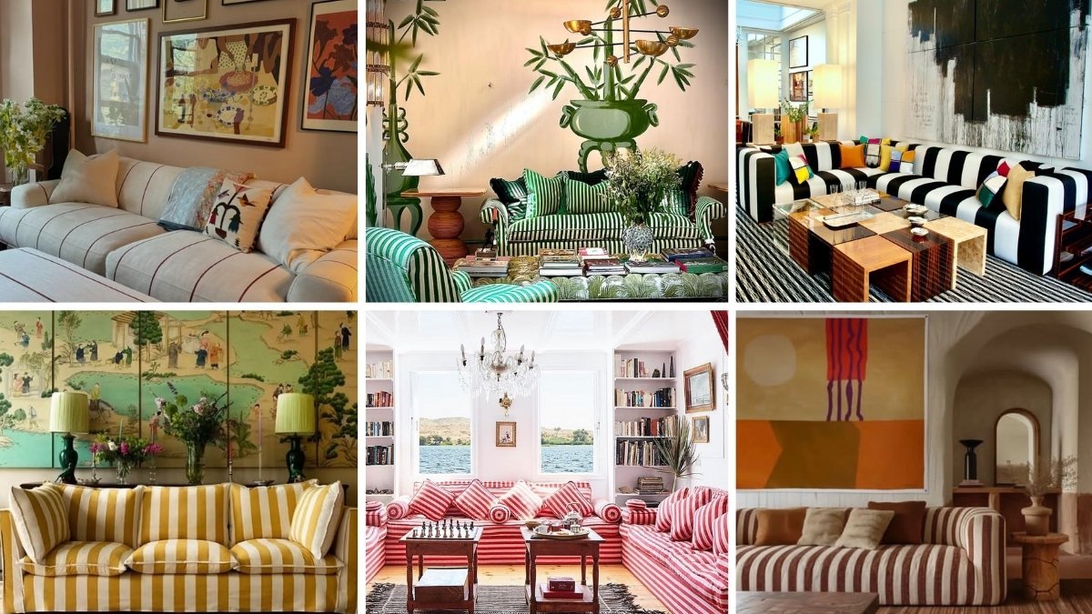 Collage of eclectic striped sofa designs in various living rooms showcasing styles from bold to neutral