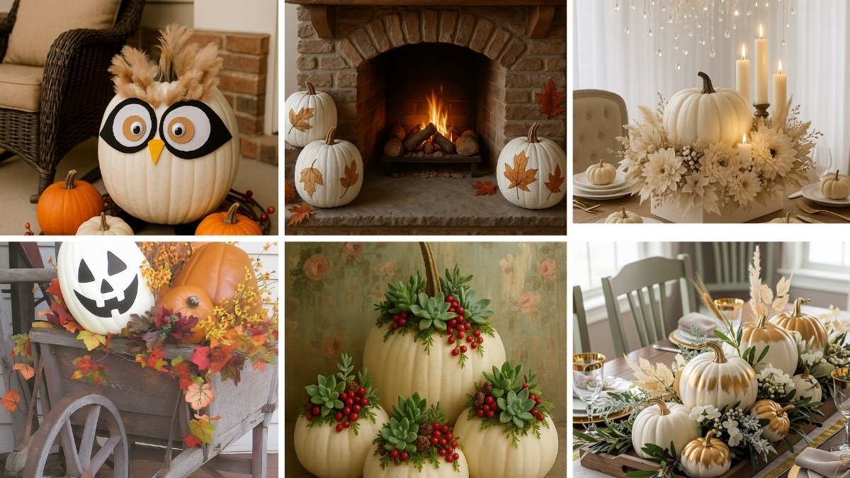 Collage of six creative white pumpkin decorating ideas including owl pumpkin porch display, fireplace pumpkins with leaf art, floral candle centerpiece, Halloween cart decor, succulent-topped pumpkins, and gold-accented dining table centerpiece.