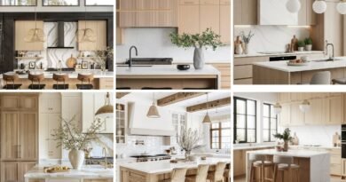 Collage of modern and traditional white oak kitchen cabinets showcasing different design styles, from slatted wood textures to bright two-tone layouts.