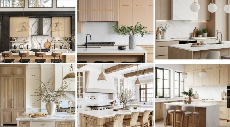 Collage of modern and traditional white oak kitchen cabinets showcasing different design styles, from slatted wood textures to bright two-tone layouts.