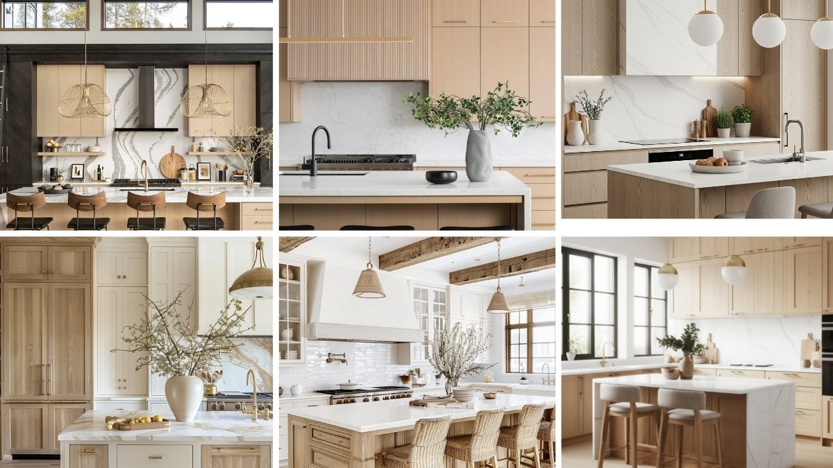 Collage of modern and traditional white oak kitchen cabinets showcasing different design styles, from slatted wood textures to bright two-tone layouts.