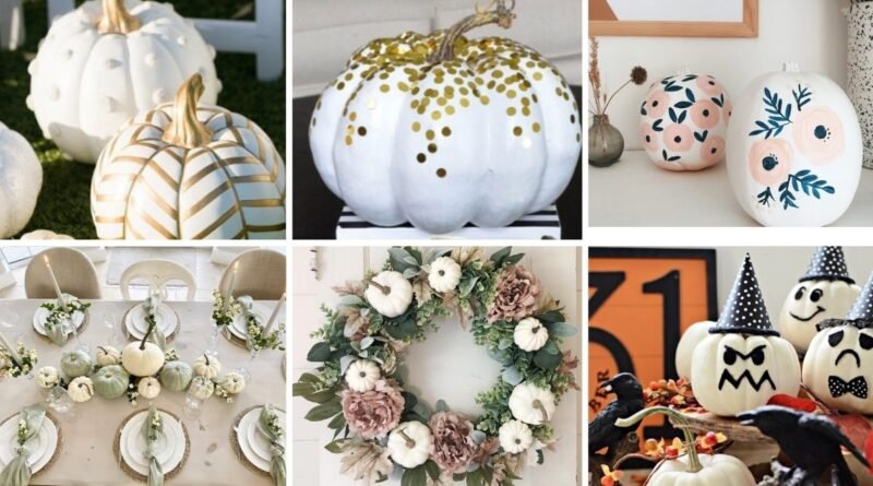 Collage of six white pumpkins decor ideas including painted pumpkins, floral wreaths, Halloween faces, gold chevron stripes, and elegant table settings.